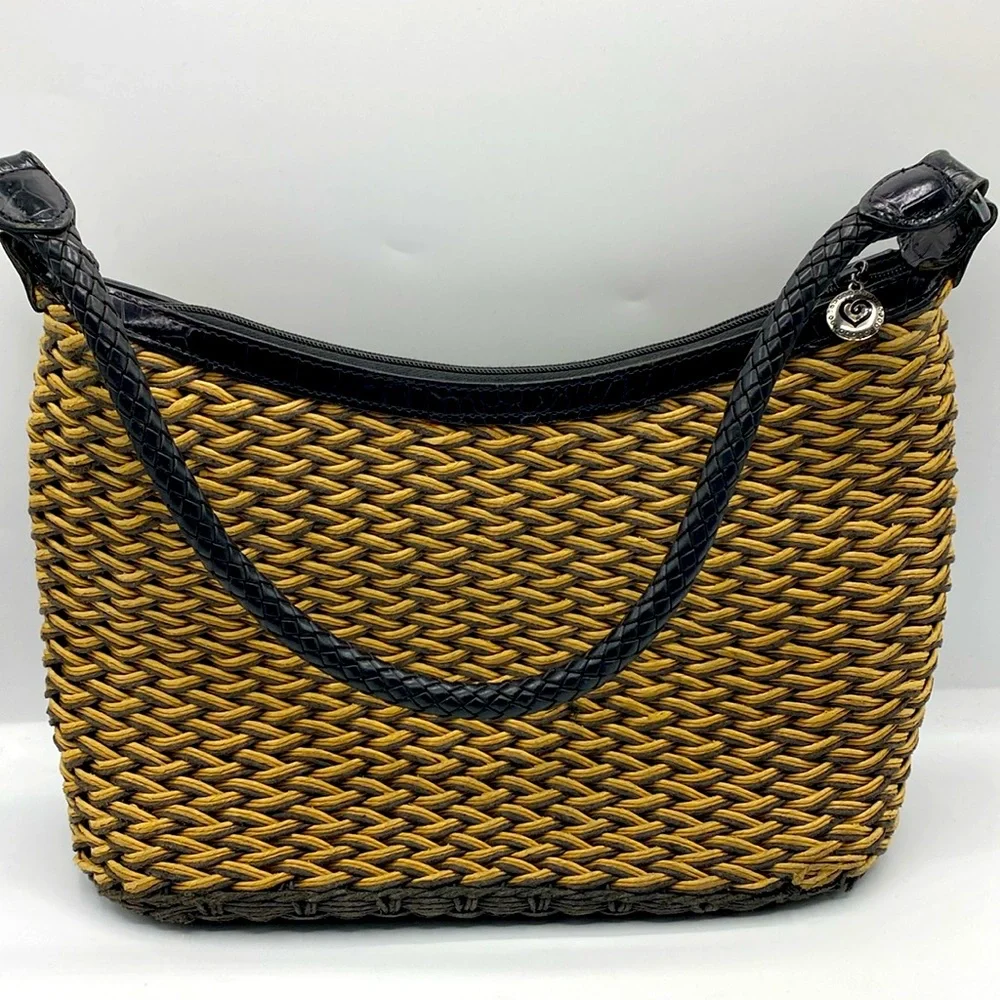 Vintage Genuine Brighton Woven Raffia Straw And Leather Trim Shoulder Bag